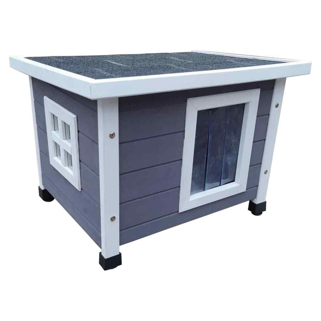Niche chat extérieur XL 68,5cm en bois gris et blanc abri étanche de jardin