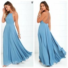 Lulus Slate Blue High Neck Maxi Dress Gown Medium