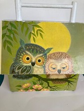 Wooden Purse With Owls, Decoupage Box Purse with Blue Felt Lining, Sweet Owls