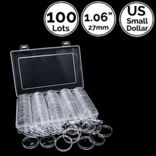 100 Pack 1.06 IN 27 mm Coin Capsule Holders w/ Storage Case 4 US Small Dollar
