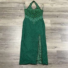 VINTAGE Land Mark Dress Womens Large 100% Pure Silk Jade Green Sequin Beads 90s