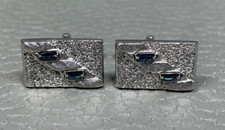 Vintage Double Blue Stone White Gold Plated Cuff Links
