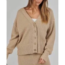 ANRABESS Knit Cardigan Sweater Button Down V Neck Ribbed Trim Tan Size Medium