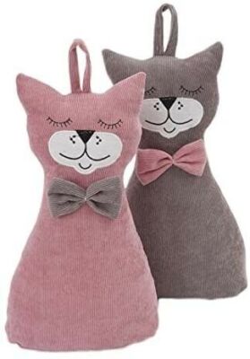 Aufrecht sitzender Katzentürstopper (grau mit rosa Schleife)