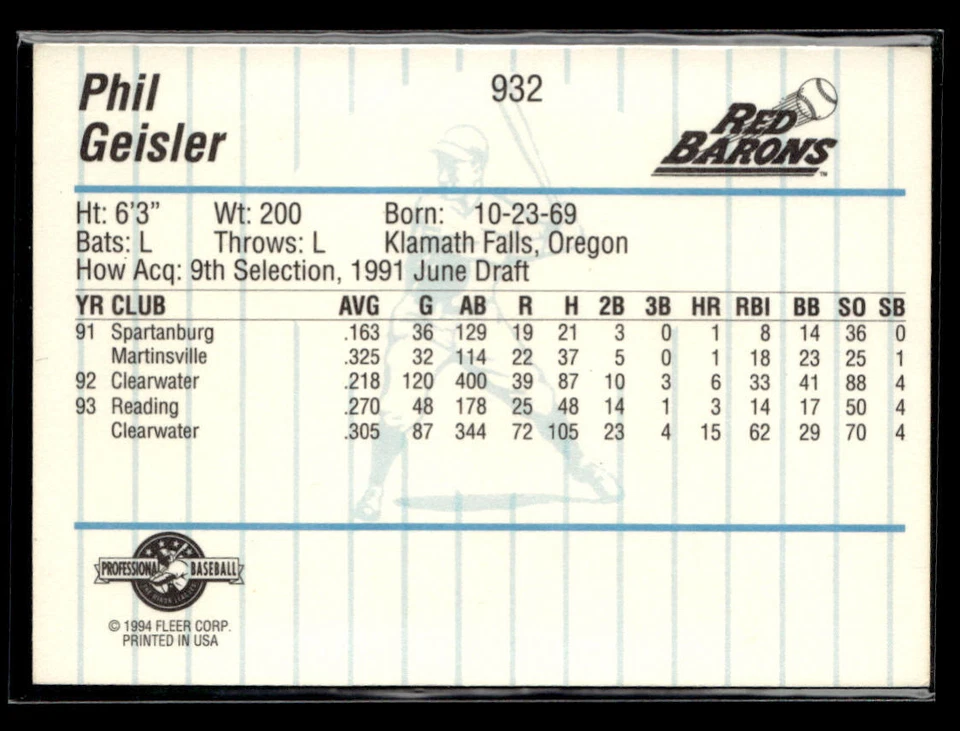 Phil Geisler signed auto 1994 Fleer ProCards #932 card - Image 2 of 2