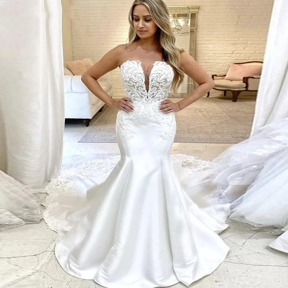 Vestidos de novia de sirena de satén sin tirantes de encaje tren de barrido vestidos de novia de playa Foto 3 de 4