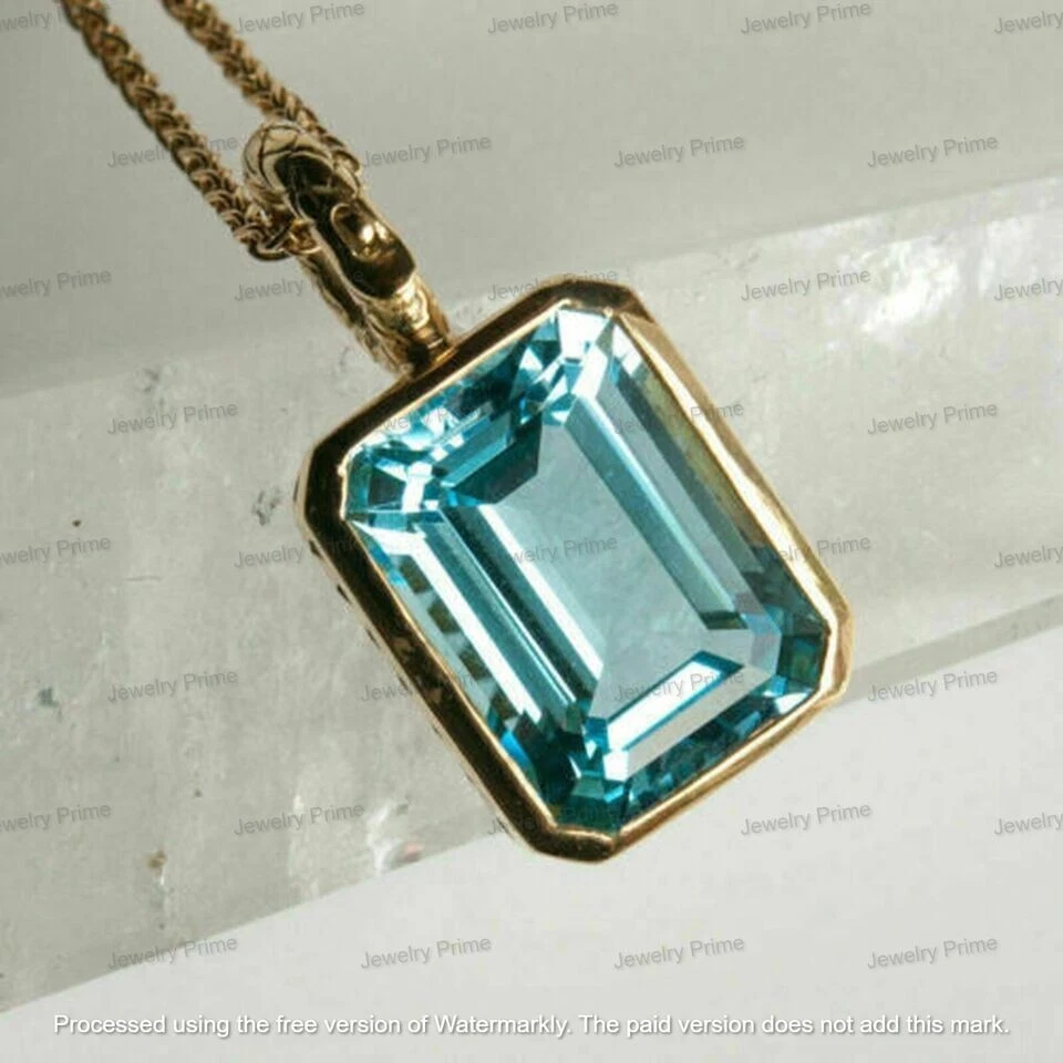 Pingente solitário 4 quilates corte esmeralda água-marinha acabamento ouro amarelo 14K corrente livre - Imagem 2 de 4