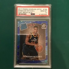 /50 Donovan Mitchell PSA 10 2017-18 Panini Optic Fast Break Blue Prizm RC POP 15