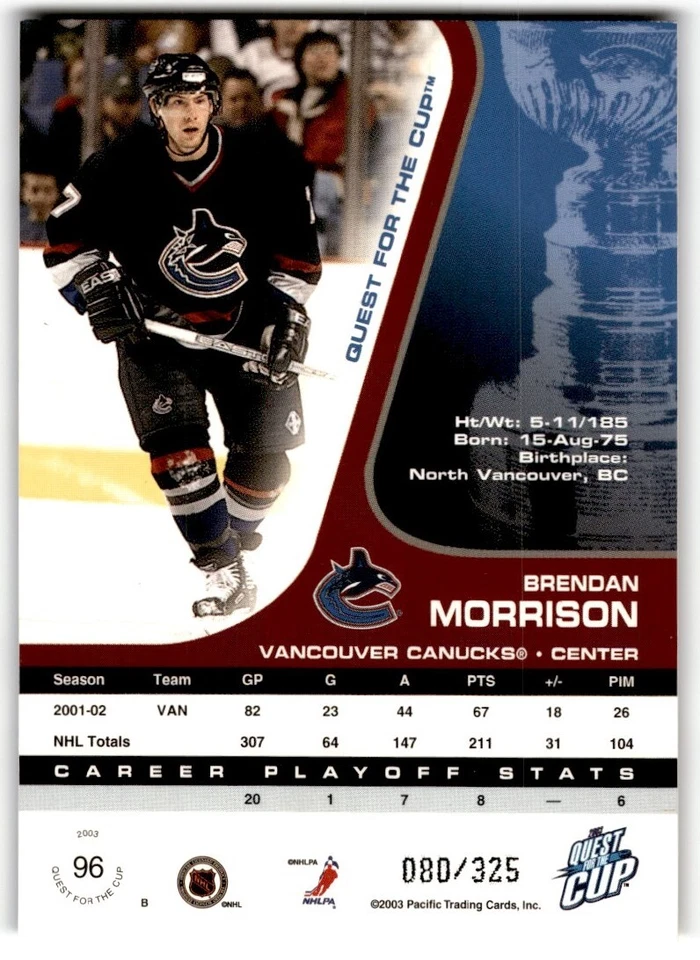 Brendan Morrison 2002-03 Pacific Quest for the Cup Gold /325 #96 Vancouver - Image 2 of 2