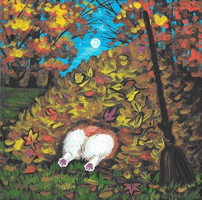 4X4 PRINT OF PAINTING HALLOWEEN WITCH PEMBROKE WELSH CORGI RYTA AUTUMN LANDSCAPE