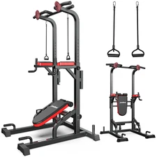Power Tower Dip Station Pull up Bar w/ Folding Incline Bench For Home Gym,480Lbs