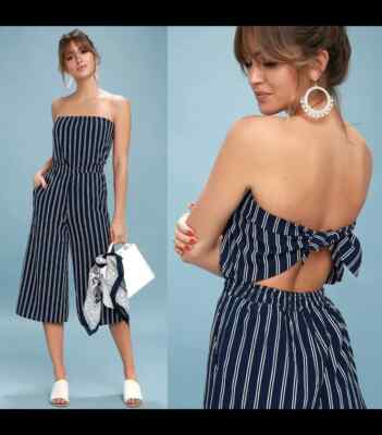 Lulus Saltwater Sun Navy Striped Strapless Open Tie-Back Midi
