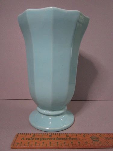 McCoy Footed Pedestal TEAL Aqua Turquoise Panel VASE USA 7 1/4" Vintage GLOSSY