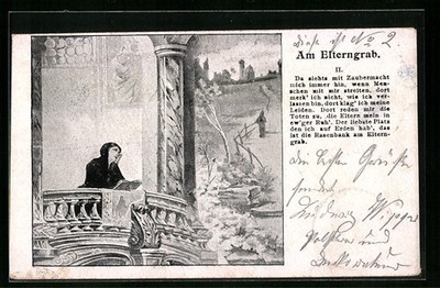 Postcard woman on balcony, parents grave 1904 