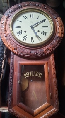 Antique Early Japanese Clock? Trade Mark N crved Oak Wall Regulator School Clock