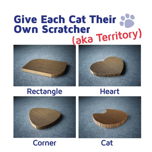 Brown cardboard cat scratcher with heart and rectangle shapes, 17 x 10 x 1.5 inches, in blue box with white text.