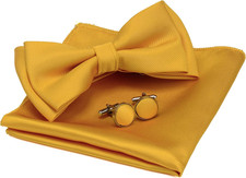 Mens Solid Color Two Layer Pre-tied Bow Tie and Pocket Square Cufflink Gold