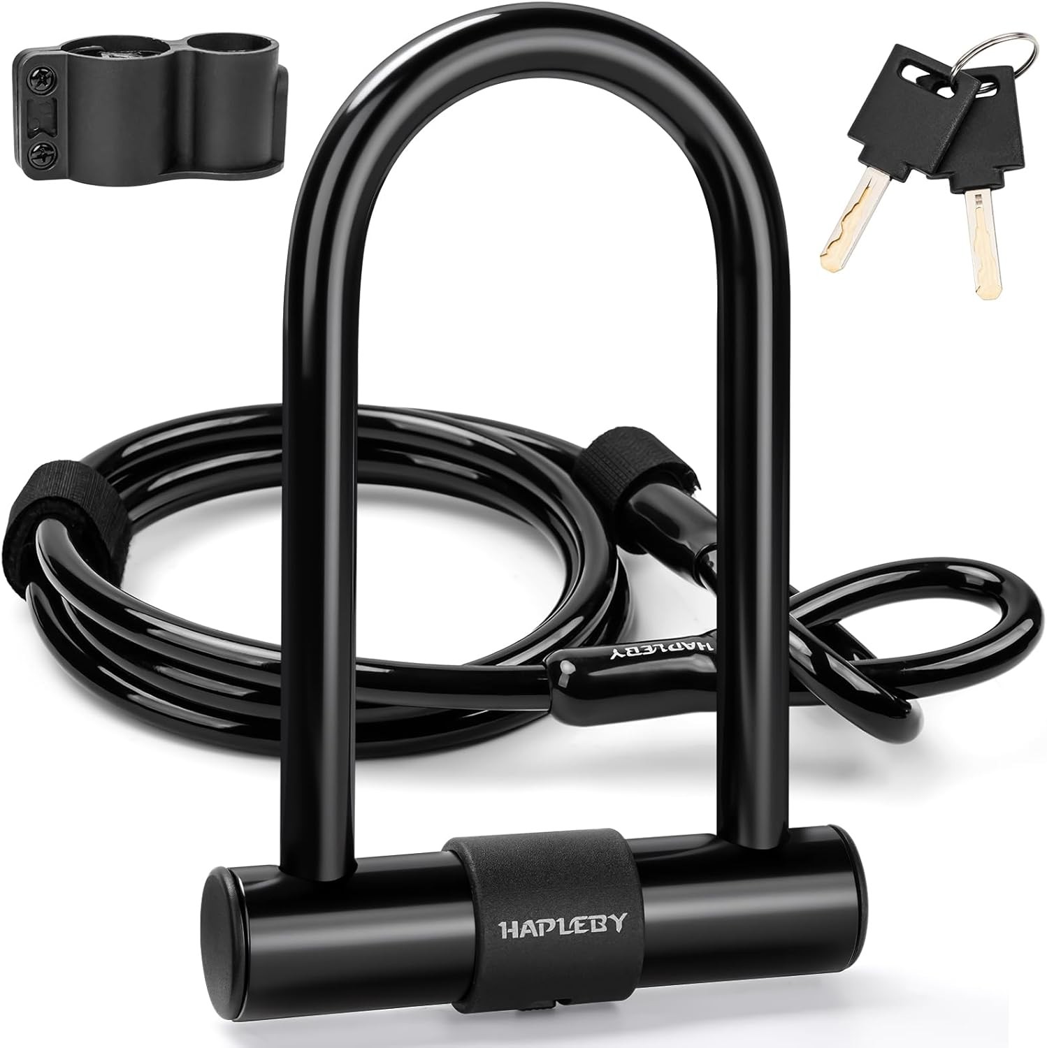 Hapleby Bike U-Lock Set with 2 Keys & 6ft Steel Cable Heavy Duty Anti-Theft