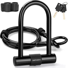 Hapleby Bike U-Lock Set with 2 Keys & 6ft Steel Cable Heavy Duty Anti-Theft