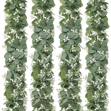  Eucalyptus Garland with White Flowers, 4 Packs 5.9Ft Artificial Silver 4pcs