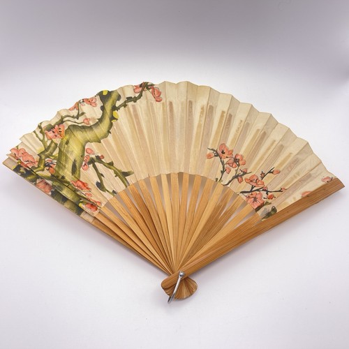 Vintage Taiwan Bamboo Folding Fan - Hand-Painted Plum Blossoms, Cherry Blossoms
