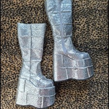 Demonia STACK-301G Unisex Platform Boots Cyber Goth Glam Rock, Silver, 4M/6W