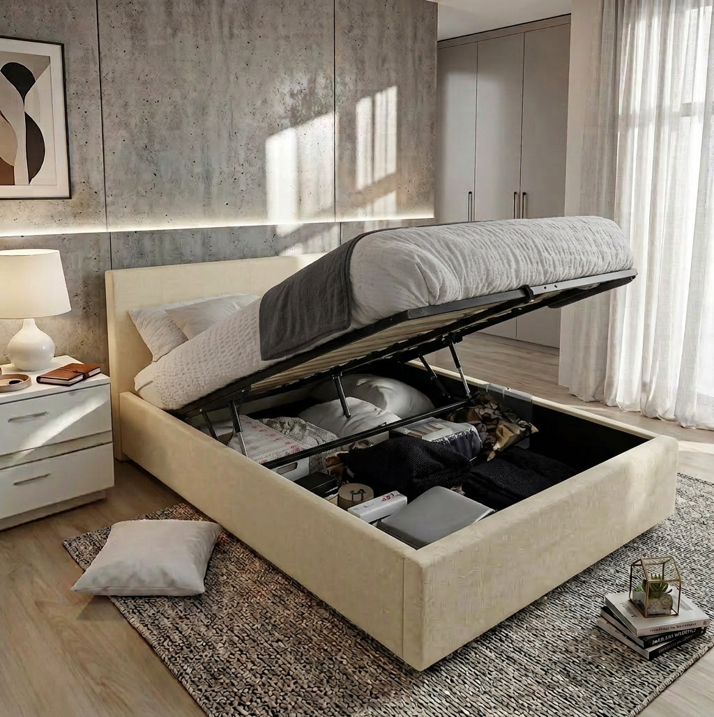 MODERNIQUE Double Ottoman Storage Faux Leather Double Bed Frame (4FT6) Bounce Sprung Slats Base (Black, Double 4FT6) 27 Ottoman Storage Bed Frame