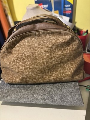 Borbonese Brown Beige Satchel Top Handle Bag Zip Closure Double Handles Gold