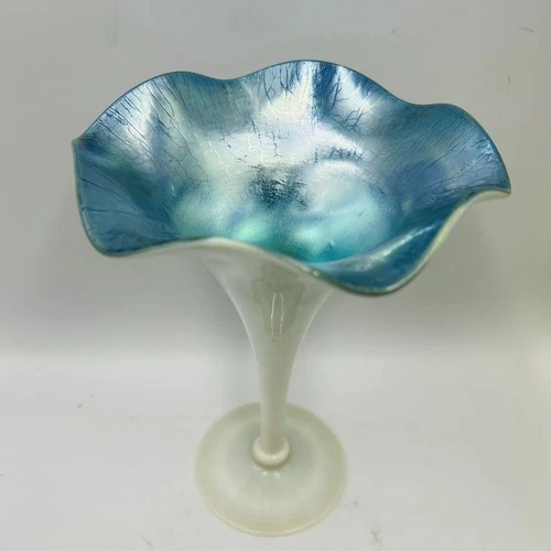 Vtg To Antique Steuben Glass Carnival Stretch Blue Aurene Trumpet Flower Vase