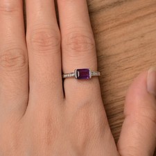 Dainty Amethyst Ring Natural Gemstone Emerald Cut Pave Band 925 Sterling Silver