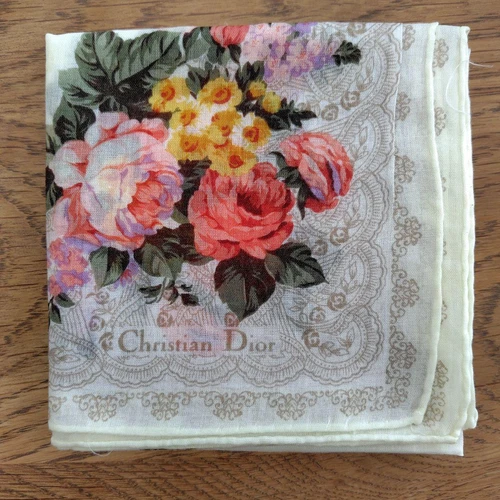 Mouchoir Christian Dior coton 45 cm 17" carré fleur crème