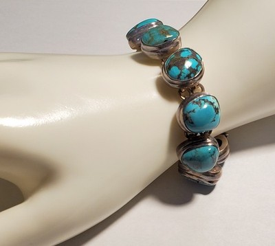 Vintage Chunky Turquoise & Sterling Silver Bracelet, Artisan Made. 1.17 oz.