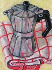 Coffee Maker Pot Kitchen Retro Painting Original Still Life Oil on Canvas Art