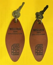 PAIR OF VINTAGE MISSION INN SANTA BARBARA CA ROOM KEYS & ADVERTISING FOBS