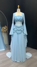 Sky Blue Chiffon Evening Gown Glamorous Beaded Appliqu  Corset Formal Occasion