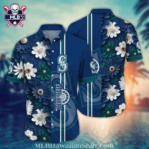 Seattle Baseball Team Marinerss Floral Stripe Navy Aloha Shirt, Unisex Adults, S