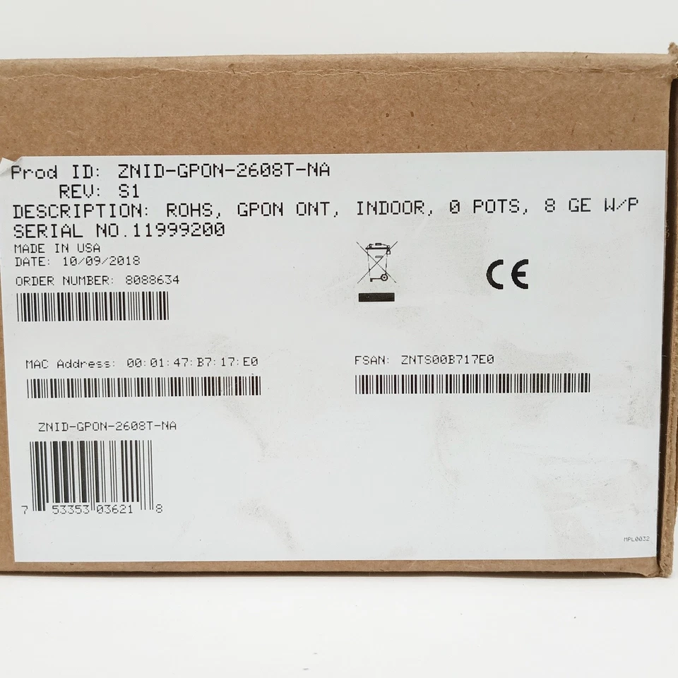 Zhone ZNID-GPON-2608T-NA GPON ONT, Indoor, 0xPOTS, 8xGE POE - Image 3 of 4