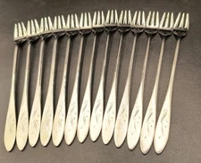 Set of 12 Oneidacraft Deluxe EMBER GLOW pattern stainless cocktail forks 6"