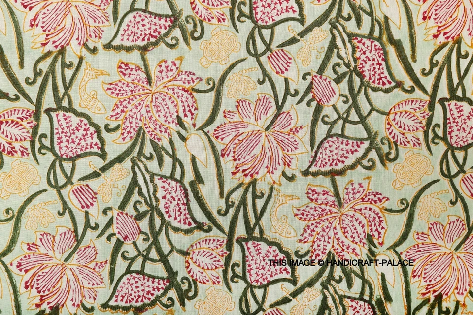 5 Yard Hand Block Green Floral Print Fabric Natural Handmade Cotton Indian Craft - Image 2 of 4