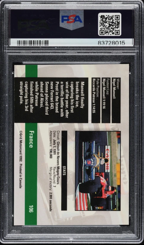 1992 Grid Formula One French GP #106 PSA 9 MINT - Image 2 of 3