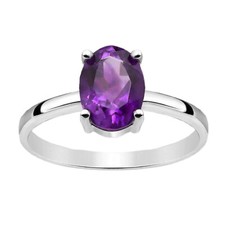 Natural Amethyst Faceted Oval Cut Gemstone 925 Sterling Silver Women Simple Ring