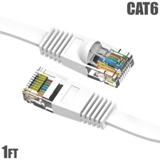 1FT Flat Cat6 RJ45 Network LAN Ethernet Patch Cable Slim Copper 32AWG White