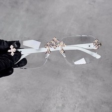 Men's Triple Cross Iced Out Sunglasses Clear Frame, White Temple, Streetwear