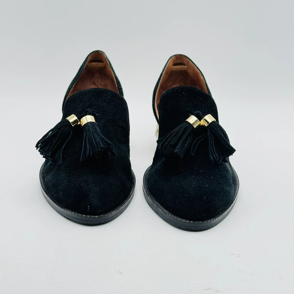 Mocasines Jeffrey Campbell Civil Tacón Perla Negro Gamuza Recortado Borla Talla 7.5 Foto 2 de 4