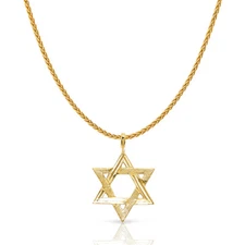 14K Yellow Gold Star of David Charm Pendant with 1.1mm Wheat Chain Necklace