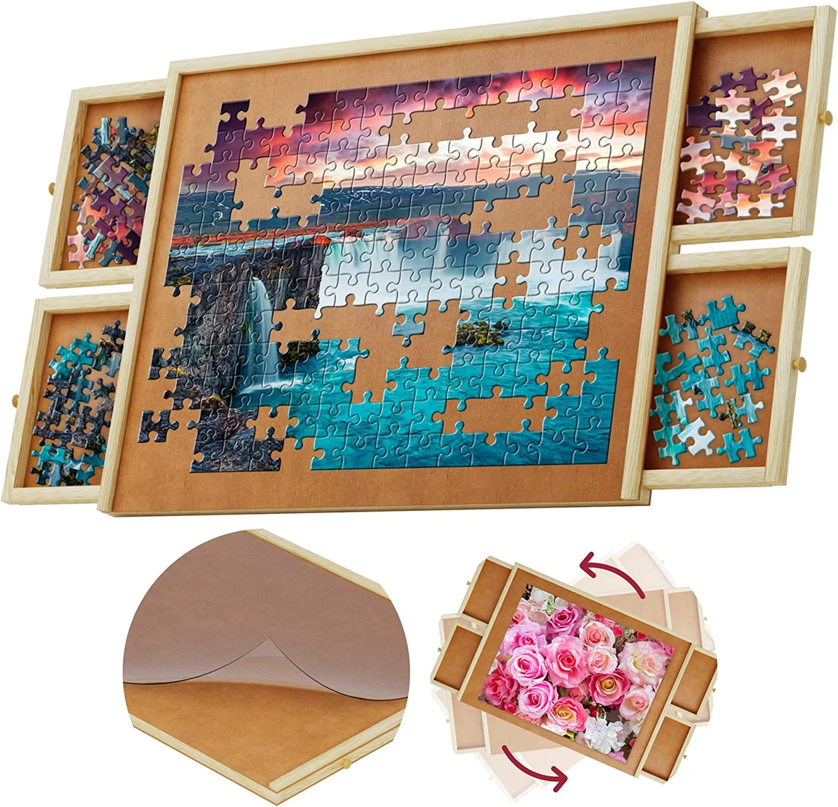 1000 Piece Wooden Jigsaw Puzzle Board - 4 Drawers, Rotating Puzzle