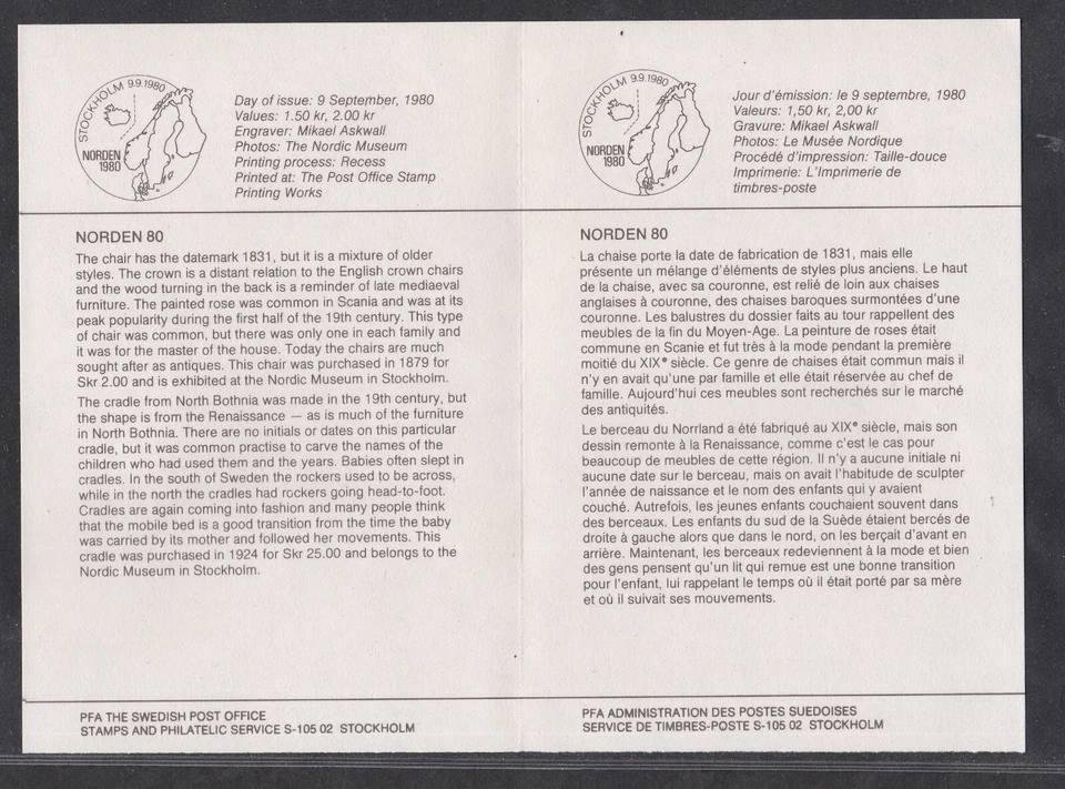 SUÉCIA 1980 CAPA PRIMEIRO DIA ARTE ANTIGA MARCENARIA NORDEN '80 + CARTÃO + CACHET - Imagem 3 de 3