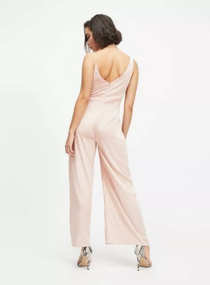 Miss Selfridge satin long sleeve wrap jumpsuit in pink