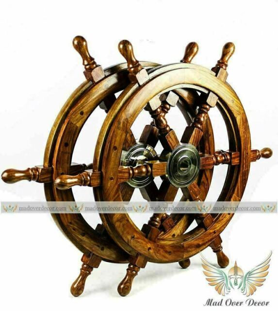 Set Of 2 Brass 24" Nautical Brown Wooden Ship Wheel Vintage Captain Pirate Décor
