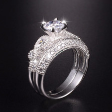 4ct Round Cut Simulated Diamond Ring 14k White Gold Plated Milgrain Bridal Set